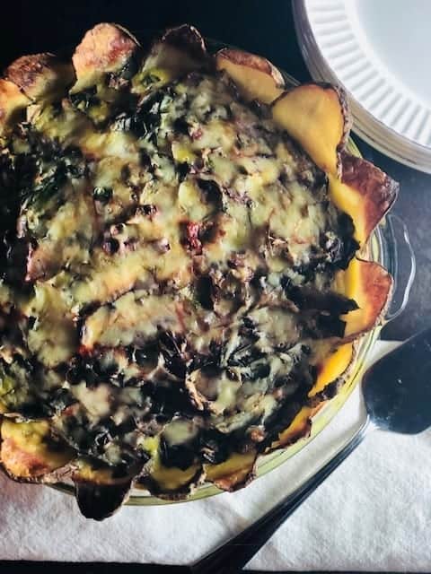 Potato Crusted Swiss Chard and Bacon Quiche